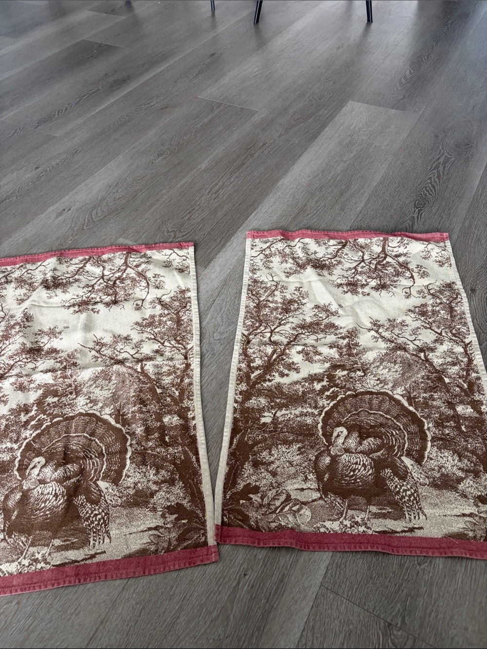 Williams-Sonoma Brown and Cream Turkey Print Kitchen Towels with Rose Trim‎ set